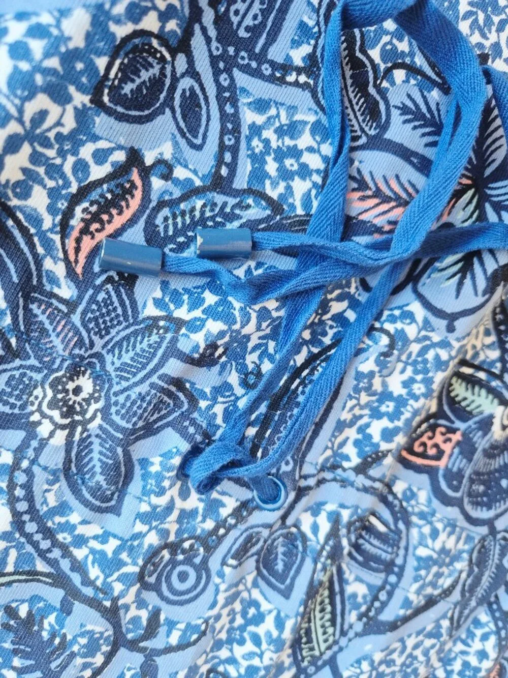 Tory Burch Floral Dropwaist Drawstring Dress Short Sleeve Blue Knit Pima Cotton